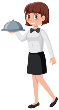 Beyaz arka plan illüstrasyon yemekleri sunan garson