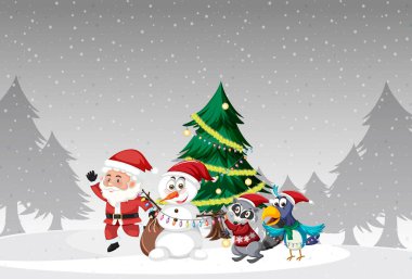 Noel Baba ve Kardan Adam illüstrasyonuyla Noel tatili