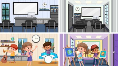 Sınıf sahne illüstrasyonunda öğrenci seti