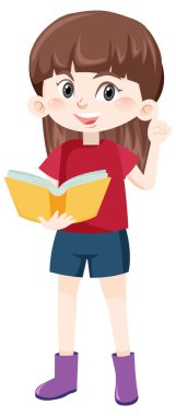 Kız ayakta kitap illüstrasyonu okuyor.