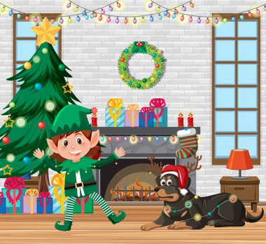 Evde elf ve köpekle Noel teması