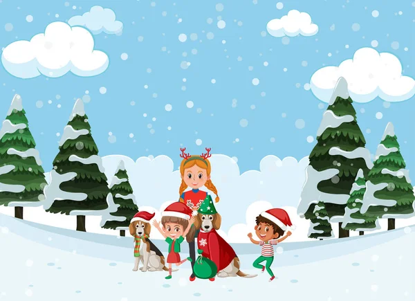 Christmas Theme Children Playing Snow Illustration — Stock Vector