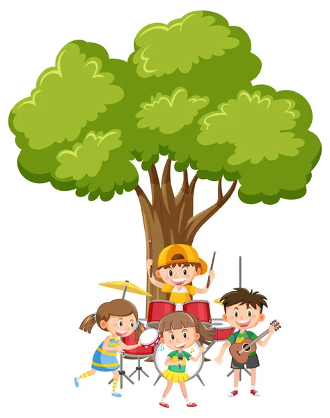 Crianças Tocando Música Sob Ilustração Árvore — Vetor de Stock