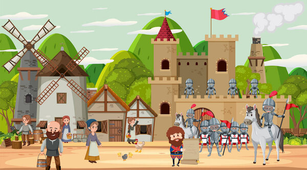 Medieval town scene with villagers illustration