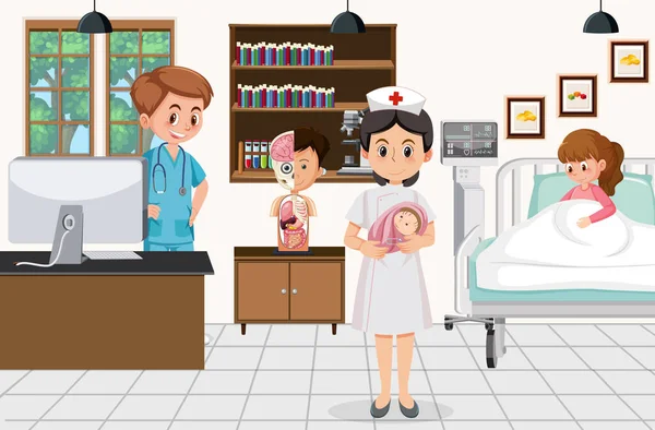 Médico Enfermera Trabajando Ilustración Hospitalaria — Archivo Imágenes Vectoriales