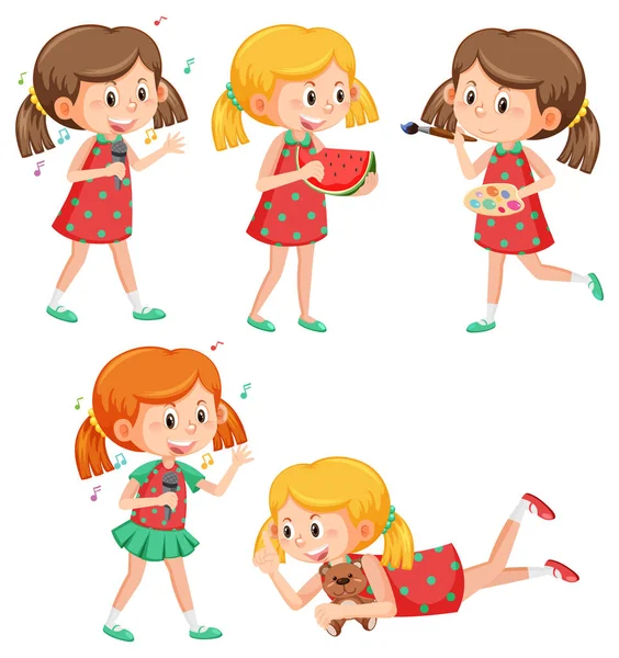 Bir dizi mutlu kız çizgi film karakteri çizimi