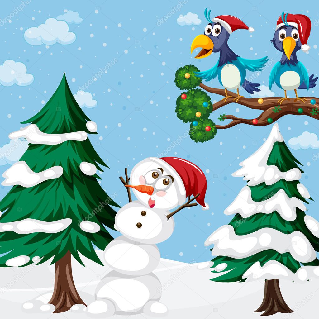 Christmas holidays with snowman and birds illustration