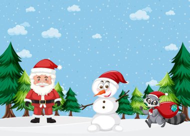 Noel Baba ve Kardan Adam illüstrasyonuyla Noel teması