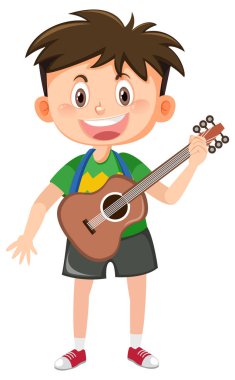 Gitar beyaz arkaplan resimli mutlu çocuk