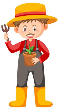 Yaşlı adam beyaz arkaplanda bitki tutuyor.