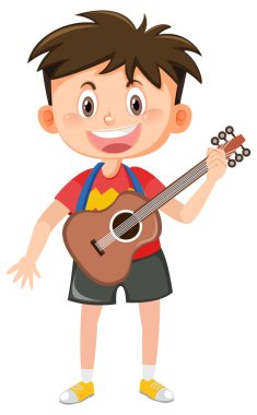 Gitar beyaz arkaplan resimli mutlu çocuk