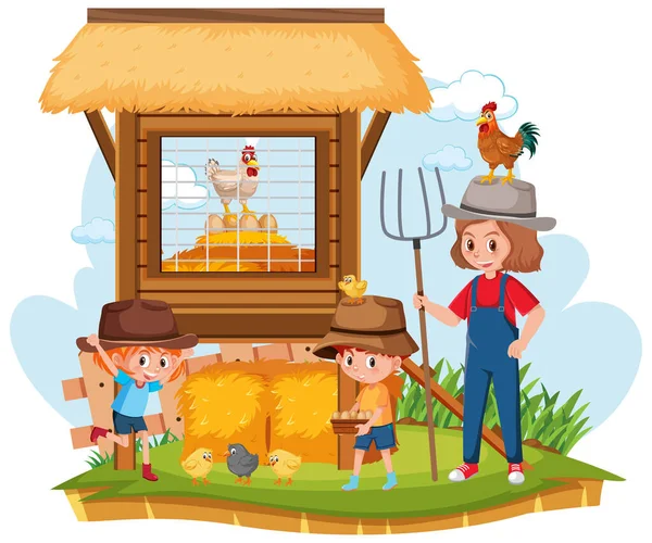 Mulher Crianças Trabalhando Ilustração Fazenda —  Vetores de Stock