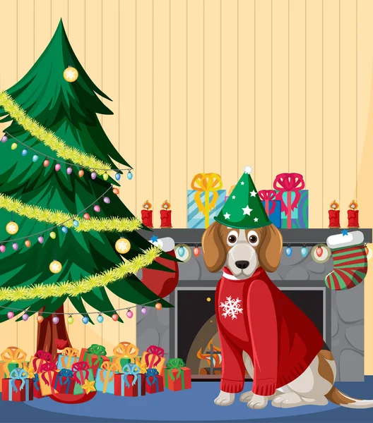 Temat Bożego Narodzenia Dużym Psem Ilustracji Drzewa — Wektor stockowy
