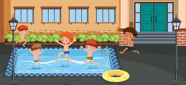 Piscina All Aperto Scena Con Illustrazione Bambini — Vettoriale Stock