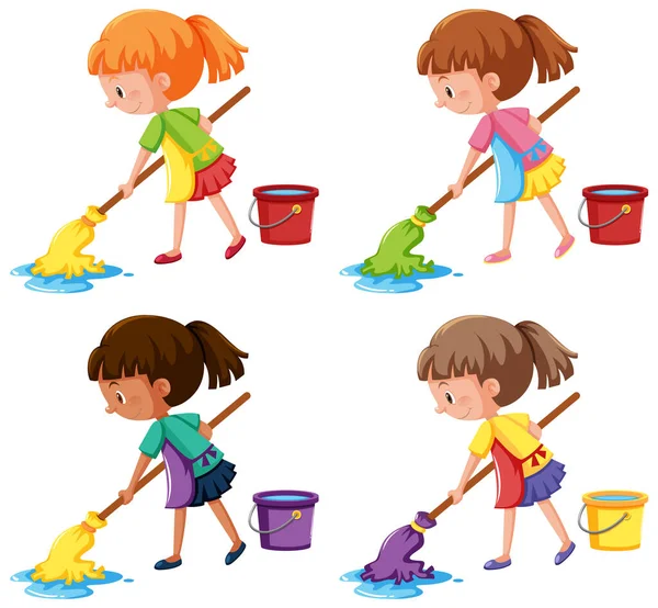 Girl Mopping Floor White Background Illustration — ストックベクタ