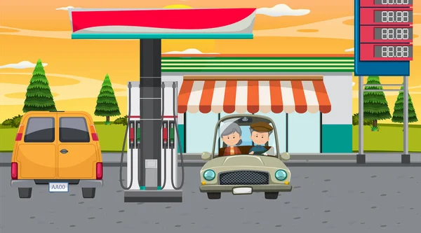 Ilustracja Sceny Kreskówki Stacji Benzynowej — Wektor stockowy