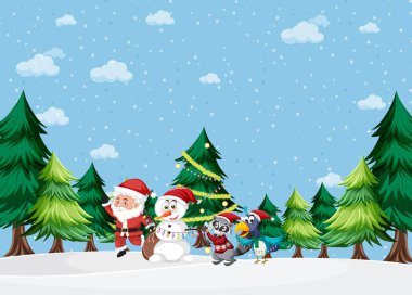 Noel Baba ve Kardan Adam illüstrasyonuyla Noel tatili