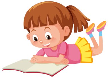 Bir kız uzanmış kitap illüstrasyonları okuyor.