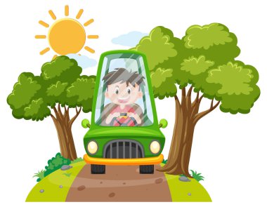 Araba çizimi kullanan mutlu çocuk.