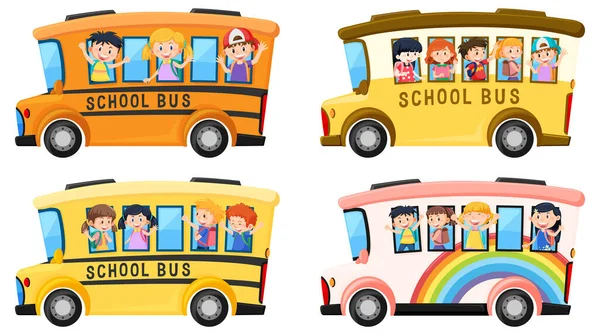 白い背景のイラストのスクールバスの学生 — ストックベクタ