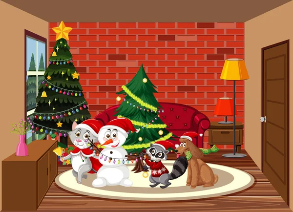 Χριστουγεννιάτικες Διακοπές Χιονάνθρωπο Και Εικονογράφηση Δέντρο — Διανυσματικό Αρχείο