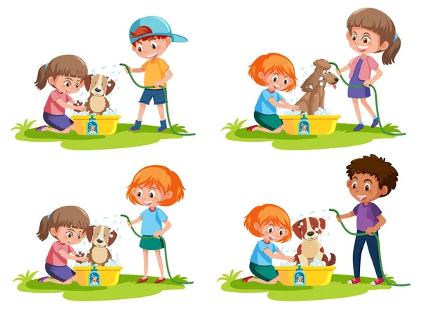Eine Gruppe Von Jungen Und Mädchen Nehmen Ein Hundebad Illustration — Stockvektor