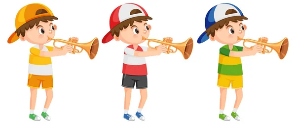 Set Boy Wearing Cap Playing Trumpet Illustration — Stock Vector
