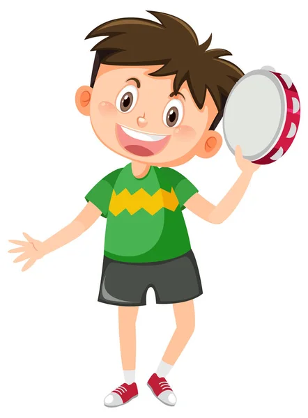 Hapy Boy Holding Tambourine Music Instrumen Illustration — Stock Vector