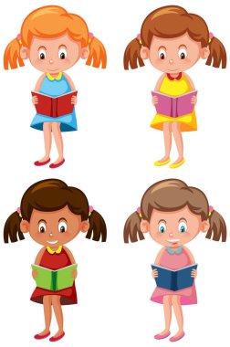 Bir grup kız oturuyor ve resim okuyor.