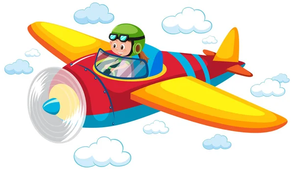 Girl Flying Cute Airplane Sky Illustration — стоковый вектор