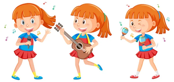 Group Ponytail Girl Playing Music Instrument Illustration — стоковый вектор