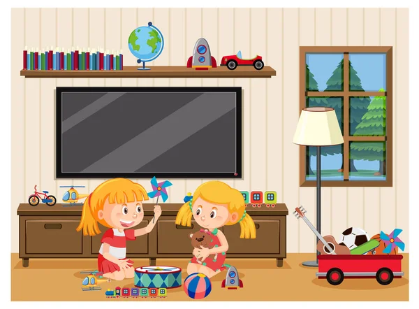 Mädchen Spielzeug Bei Haus Illustration — Stockvektor