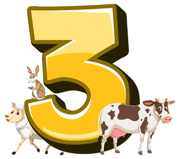 Different Three Farm Animals Attached Number Three Illustration — 스톡 벡터