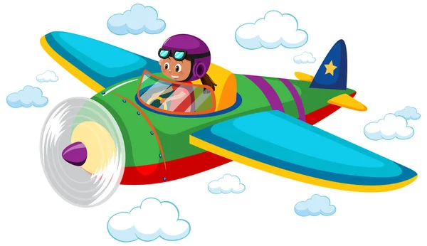 Girl Flying Cute Airplane Sky Illustration — стоковый вектор