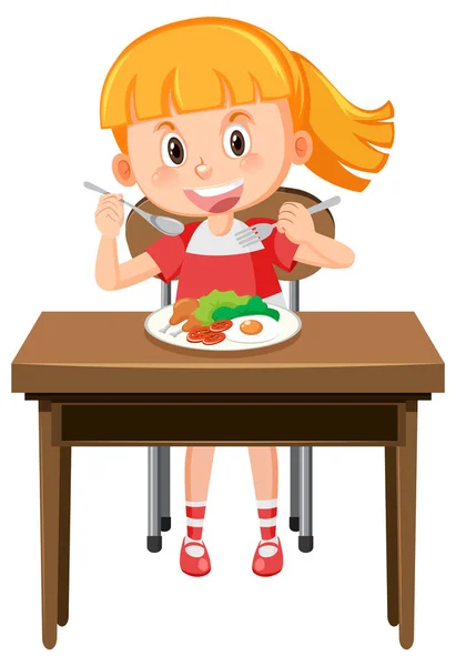 Menina Feliz Comer Pequeno Almoço Saudável Ilustração —  Vetores de Stock