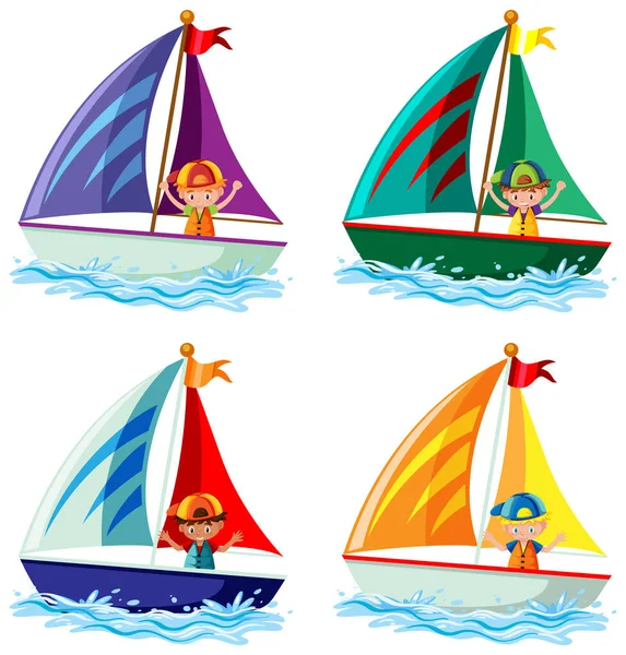 Different Kids Sailboats Cartoon Style Illustration — Vector de stock