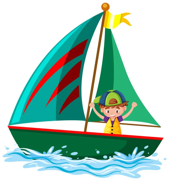 Ein Kleiner Junge Auf Einem Segelboot Isolierte Illustration — Stockvektor