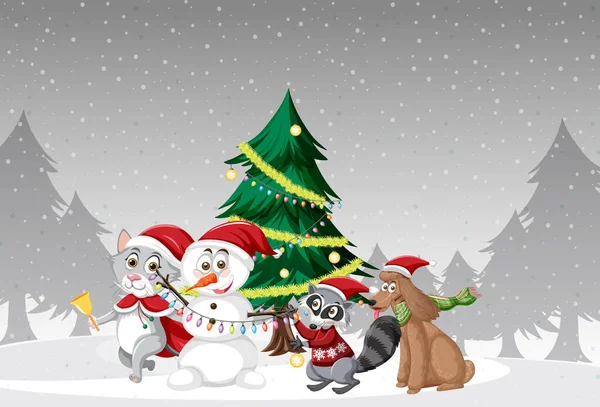 Vacances Noël Avec Bonhomme Neige Illustration Arbre — Image vectorielle
