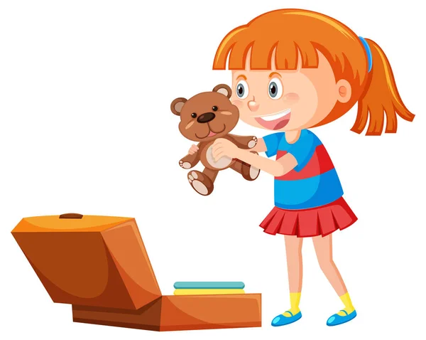 Happy Girl Holding Teddy Bear Illustration — Stock Vector