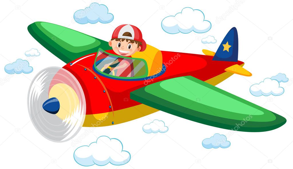 Boy flying cute airplane in the sky illustration