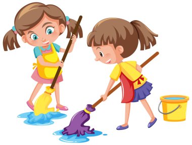 Beyaz arkaplan illüstrasyonunda yerleri paspaslayan kız