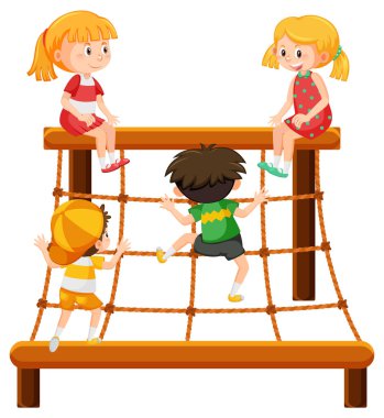 Çocuklar halat duvara tırmanıyor.