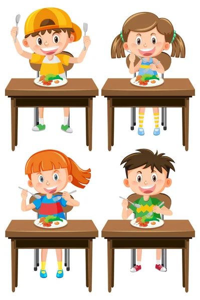 Conjunto Crianças Que Tomam Café Manhã Saudável Ilustração — Vetor de Stock