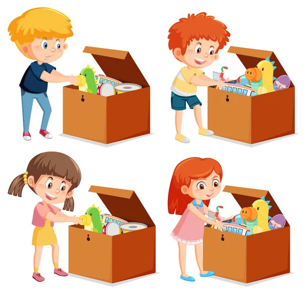 Set Different Kids Putting Toys Boxes Illustration — Stock Vector