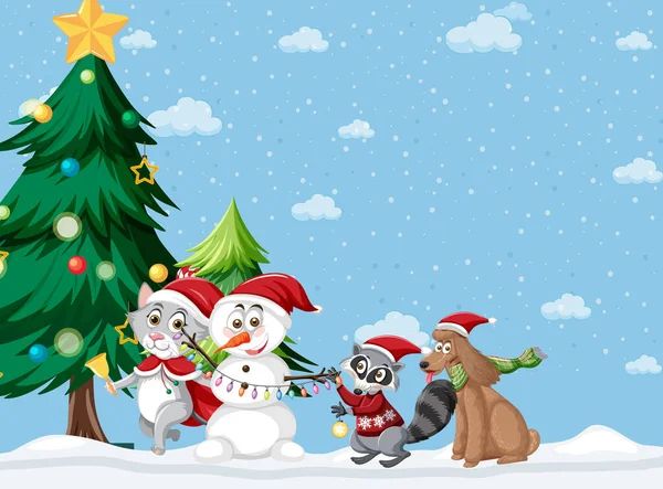 Tema Navidad Con Muñeco Nieve Animales Ilustración — Vector de stock