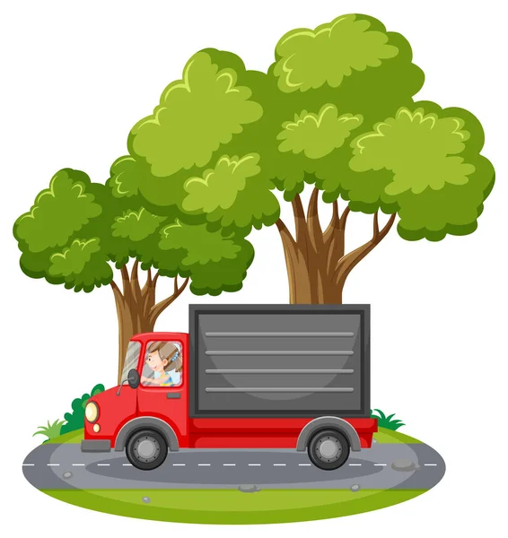 Eenvoudige Cartoon Levering Man Rijden Een Vrachtwagen Illustratie — Stockvector