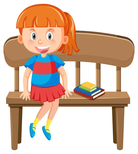 Girl Reading Book Wooden Bench Illustration — Stock Vector