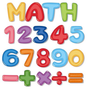 Sıfırdan dokuza kadar sayılan sayılar ve matematik sembolleri resimleme