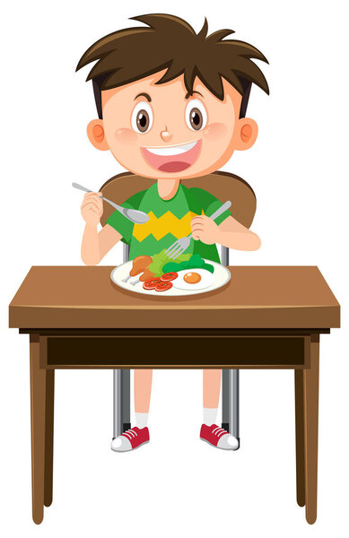 Happy boy eating healthy breakfast illustration