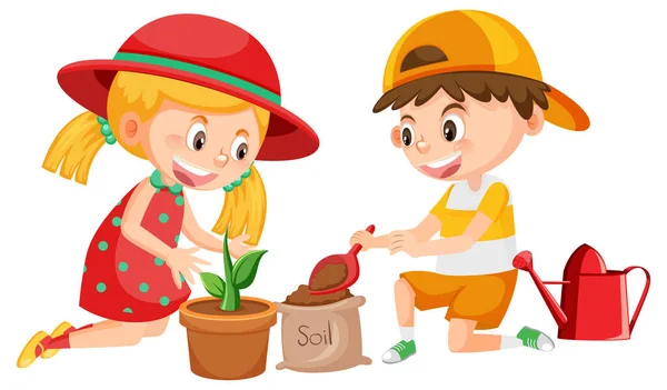 Boy Girl Cartoon Gardening White Background Illustration —  Vetores de Stock